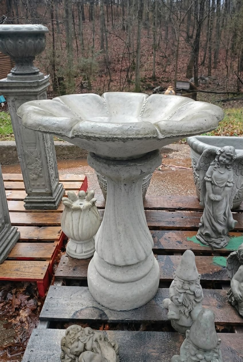 Scalloped concrete bird bath handcrafted in Villa Rica, GA — $125